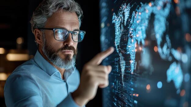 A man in glasses pointing at a digital map photo