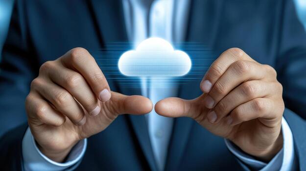 Businessman holding cloud computing concept stock photo