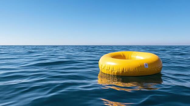 An inflatable yellow life ring floating in the ocean photo