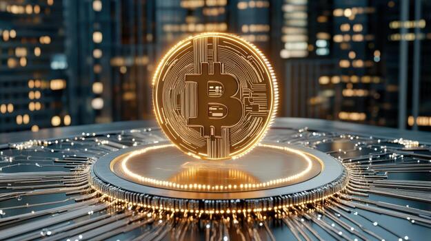 Bitcoin symbol on a cityscape background 3d rendering stock photo