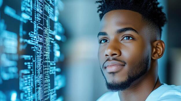 A young man looking at a computer screen photo