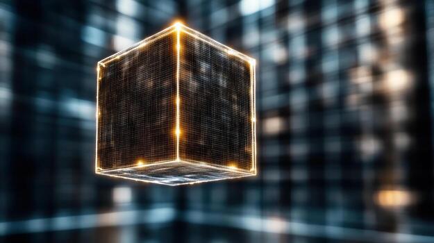 3d rendering of a cube with glowing lights photo