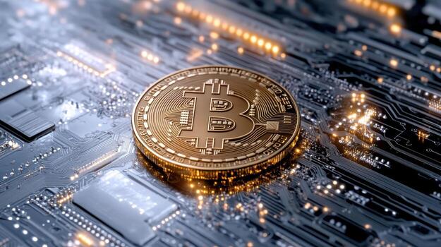 Bitcoin on circuit board with lights photo