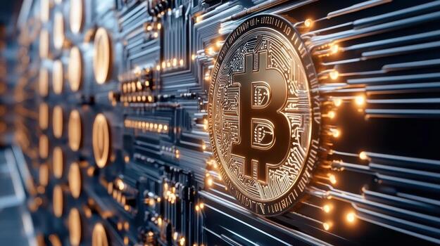 Bitcoin on the wall of a bitcoin mining machine photo