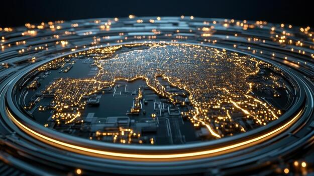 mundo mapa en un circuito tablero con brillante luces 3d representación valores foto