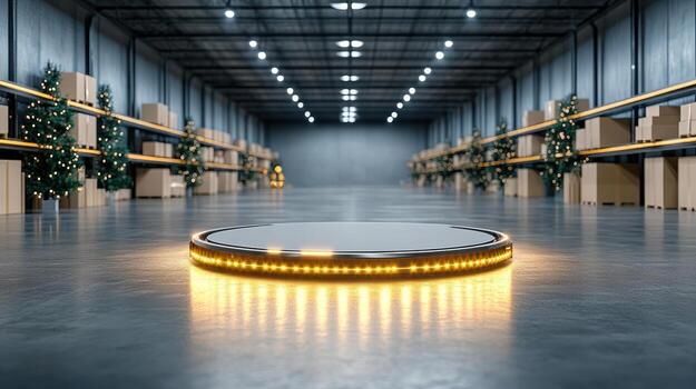 A large circular object in a warehouse with boxes photo