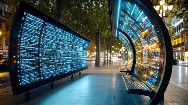 A bench with a large screen on it photo