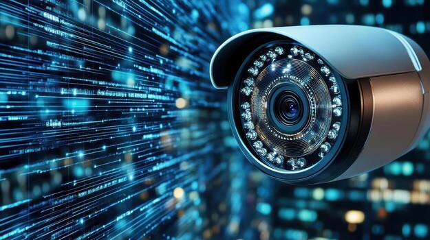 Security camera in front of a city background photo