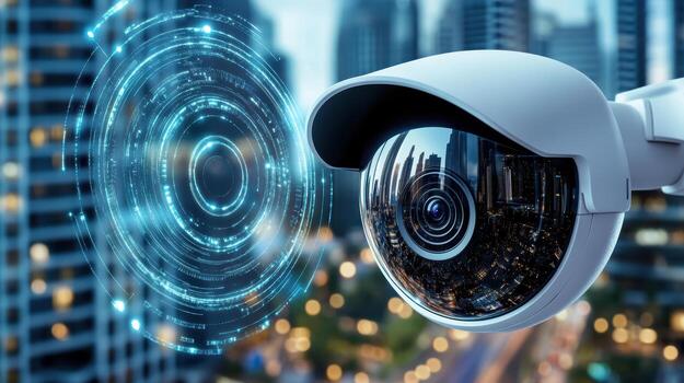 Security camera with cityscape background photo