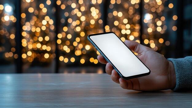 Man holding smartphone with white screen in front of blurred background photo