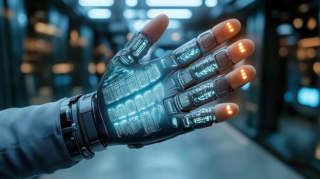 un persona participación un guante con un futurista interfaz foto