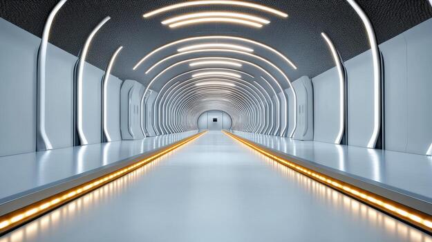 A long tunnel with white walls and lights photo
