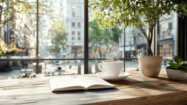 A coffee cup and book on a wooden table in front of a window with a city view photo