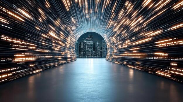 A tunnel with lights and city lights in the background photo