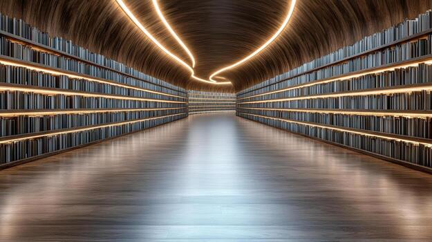 A long hallway with bookshelves and lights photo