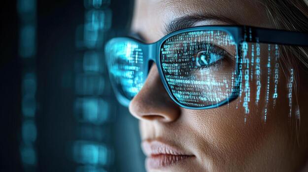 A woman wearing glasses with binary code on them photo