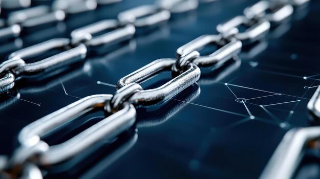 Chain links are shown on a blue background photo