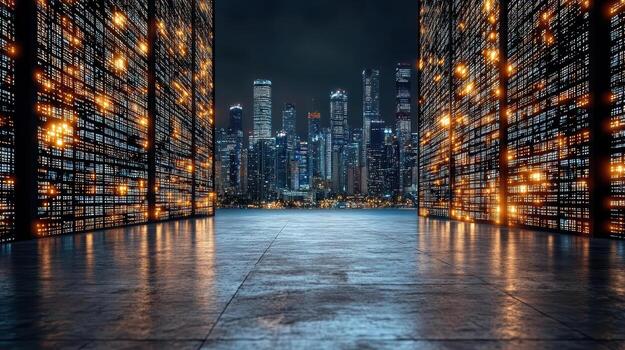 A dark room with many rows of data servers photo