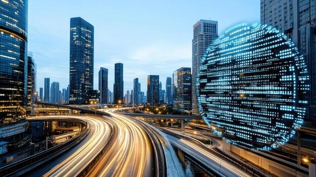 A city with a large digital clock in the middle of the road photo