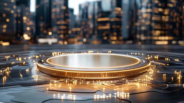 A circular object on a cityscape with a city in the background photo