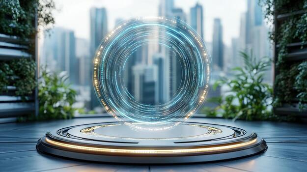 A futuristic cityscape with a circular object in the middle photo