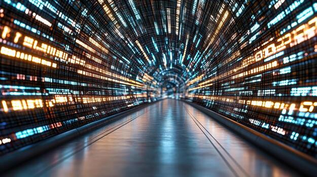 A tunnel with many digital lights and numbers photo