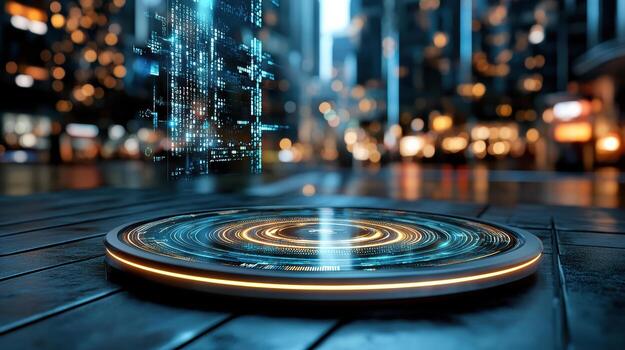 A futuristic object on a table with a cityscape in the background photo