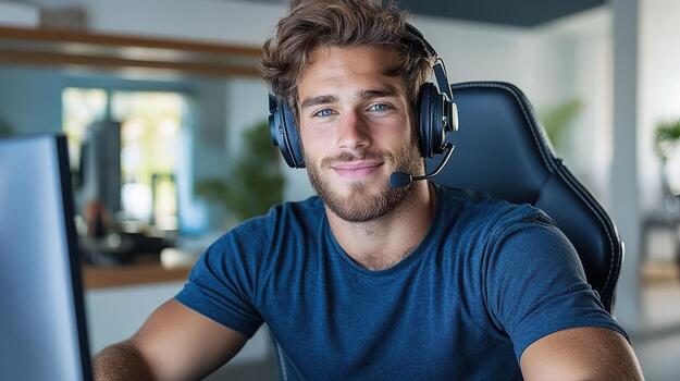 A man wearing headphones is sitting at a computer photo