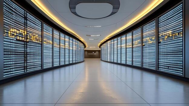 A long hallway with many screens in a data center photo