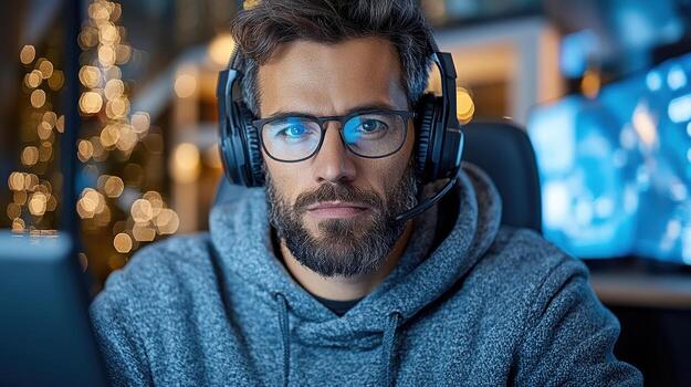 A man wearing glasses and a headset is sitting at a computer photo