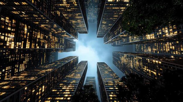 A view of tall buildings at night with the sky in the background photo