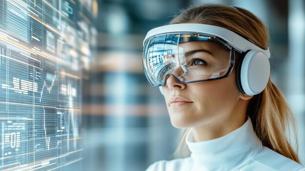 A woman wearing a headset and looking at a computer screen photo