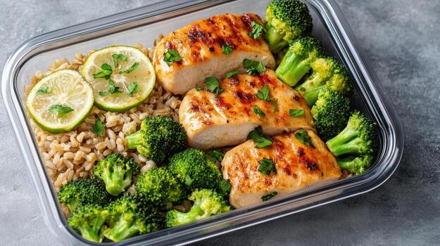 Chicken breast with broccoli and rice in a plastic container photo