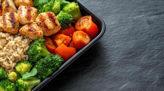 A black container with chicken, broccoli and rice photo
