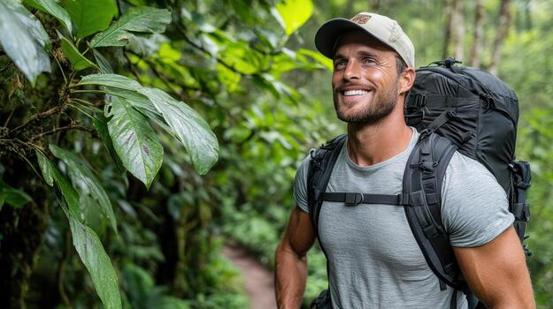A man with a backpack smiles while walking through the jungle photo