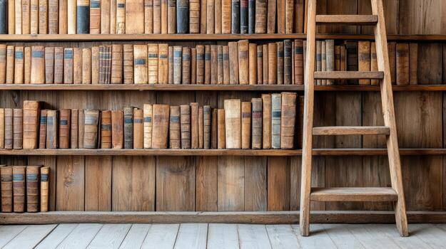 A wooden ladder is in front of a book shelf photo