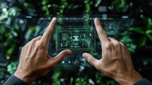 Hands touching a digital screen with a circuit board photo