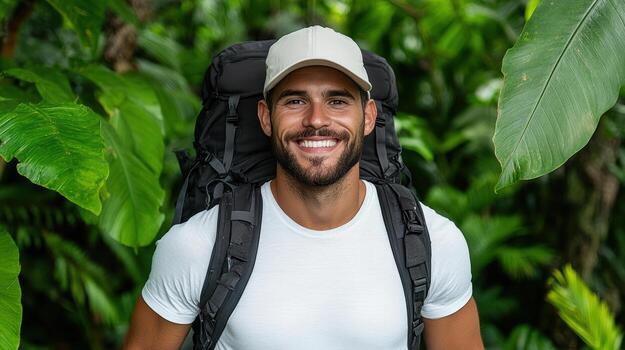 A man with a backpack smiles while standing in the jungle photo