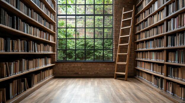 A library with bookshelves and a ladder photo