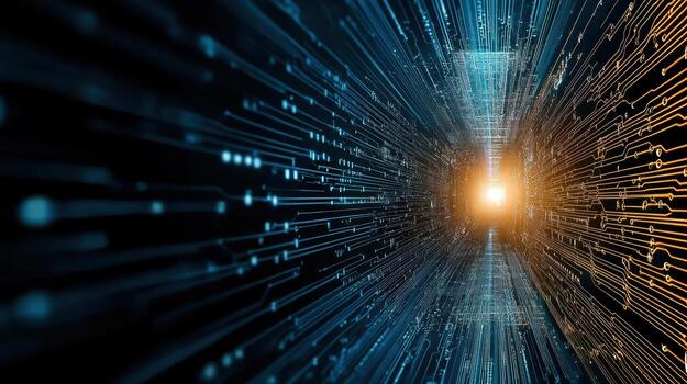 A digital circuit board with a light shining through it photo