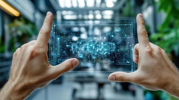 Hands holding up a digital screen with a futuristic interface photo