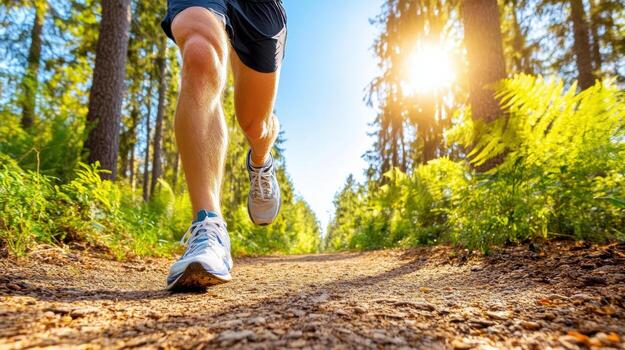 A man running on a trail in the forest photo
