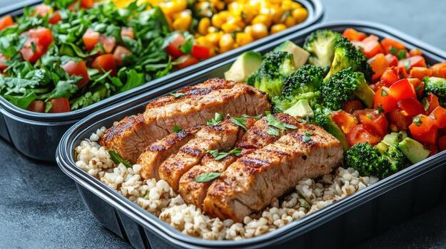 Two containers with meat, vegetables and rice photo