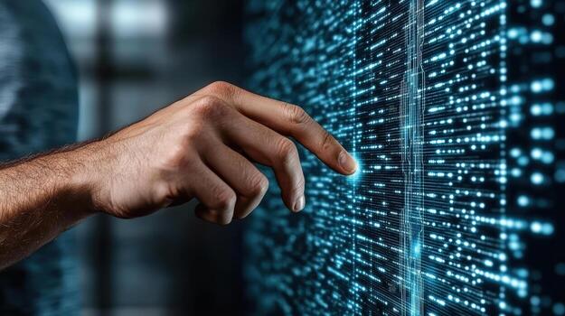 A man is touching a digital screen with binary code photo