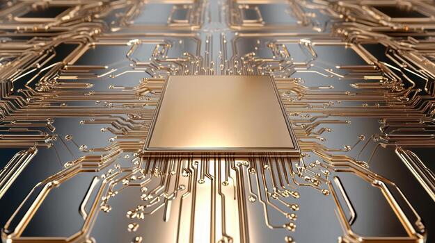 un dorado circuito tablero con un oro chip en parte superior foto