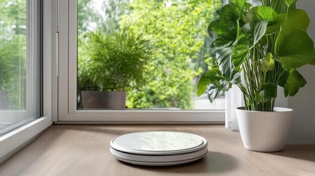 un robot vacío limpiador sentado en un mesa cerca un ventana foto