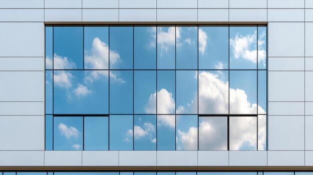 A building with a window with clouds reflected in it photo