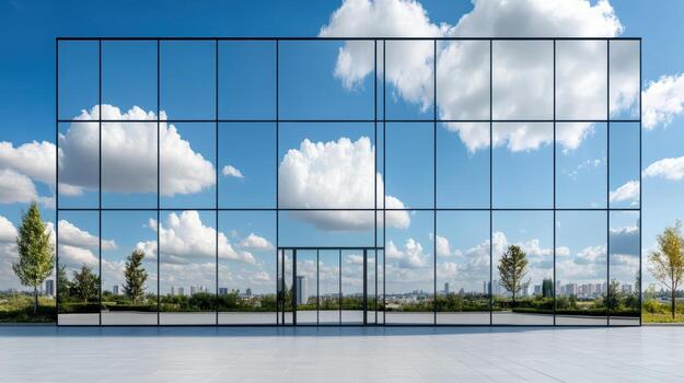 A large glass building with a sky and clouds reflected in it photo