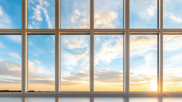 A large window with a view of the sky at sunset photo