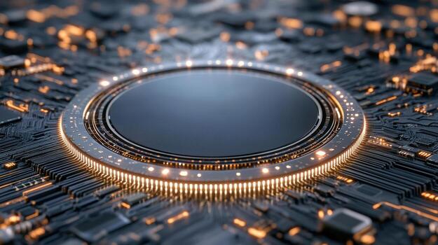 A circular computer chip on top of a circuit board photo